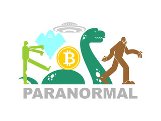 Wall Mural - Paranormal object Concept. Bitcoin and zombies. UFO and Yeti. Loch Ness monster and ghost. electronic currency vector illustration