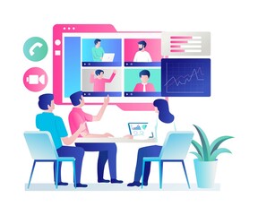 Poster - The work team is discussing online in flat design
