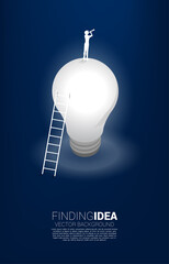 Poster - Silhouette of businessman looking through telescope standing on standing on light bulb with ladder. Business Concept of finding creative idea and solution.