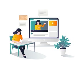 Poster - Girl studying at desk with tutorial on computer