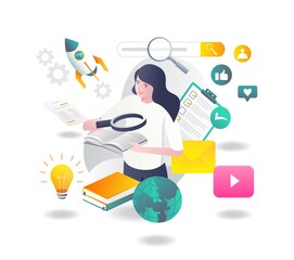 Poster - Girl launching a rocket from a book in flat illustration