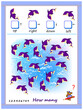Math education for children. Count the quantity of dolphins swimming in each direction. Printable worksheet for kids textbook. Developing counting skills. Play online. Educational game how many.