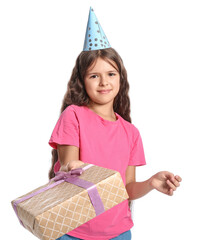 Poster - Little girl with birthday gift on white background