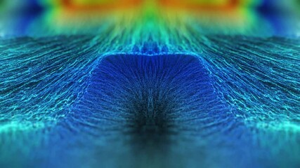 Poster - Rainbow particles flowing away from center of screen, abstract motion background in mirror effect. Seamless 4K loop