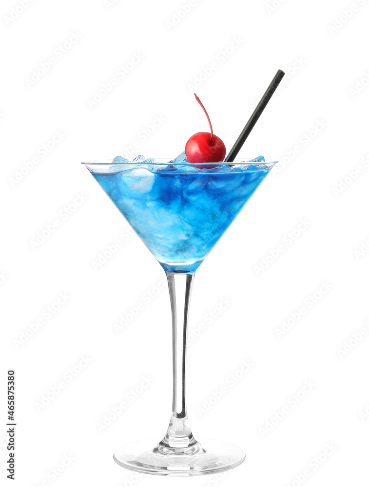 Glass of Blue Lagoon cocktail on white background