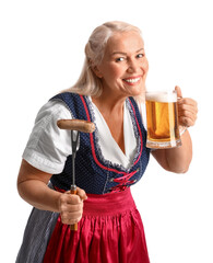 Poster - Adorable Oktoberfest woman with beer and sausage on white background