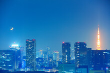 東京タワーと都心のビル群と月,夜景, 中央区,東京都
