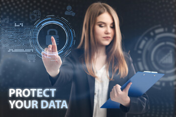 Business, Technology, Internet and network concept. Young businessman working on a virtual screen of the future and sees the inscription: Protect your data