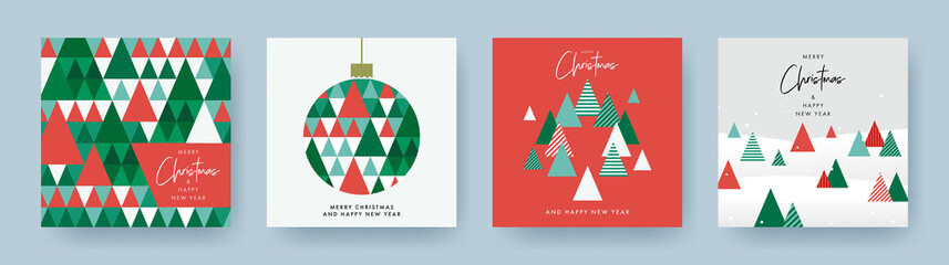 Aufkleber - Merry Christmas and Happy New Year Set of greeting cards, posters, holiday covers. Modern Xmas design with triangle firs pattern in green, red, white colors. Christmas tree, ball, decoration elements