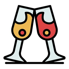 Sticker - Two clinking glasses icon. Outline two clinking glasses vector icon color flat isolated