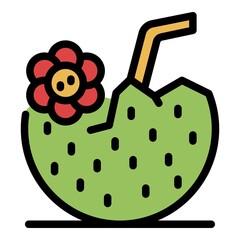 Poster - Coconut with a straw icon. Outline coconut with a straw vector icon color flat isolated