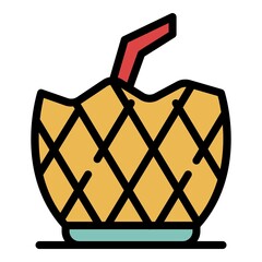 Sticker - Pineapple with a straw icon. Outline pineapple with a straw vector icon color flat isolated
