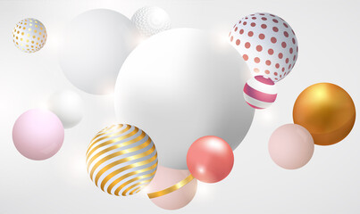 Poster - Abstract background with dynamic 3d balls. Gold, pink and white 3D balls, balloons, minimalistic design, pastel colors palette, party decoration, isolated elements. Realistic 3d Vector illustration.