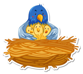 Sticker - Mother and babies bird in the nest