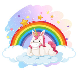 Poster - Cute unicorn laying on cloud in the pastel sky with rainbow