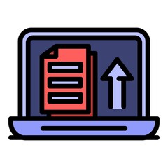Poster - Laptop upload documents icon. Outline laptop upload documents vector icon color flat isolated