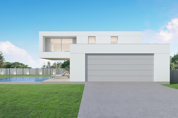 Poster - 3d rendering of modern house with swimming pool and garage.