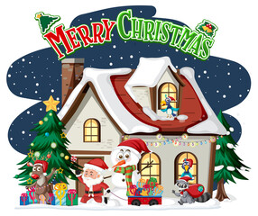 Poster - Merry Christmas text logo with winter house and decorations