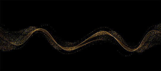 Leinwandbilder - Abstract Gold Waves. Shiny golden moving lines design element with glitter effect on dark background for greeting card and disqount voucher.