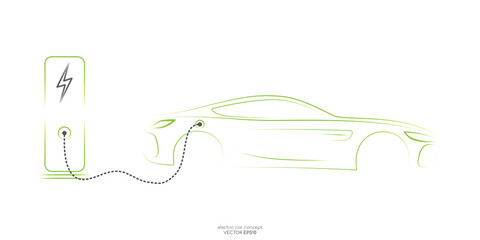 Wall Mural - Electric car with charging stations by sketch line side view green colors isolated on white background. Vector illustration in concept green energy