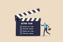 Action Plan With Checklist Step By Step Of Business Implementation, Procedure Or Strategy Plan To Finish Project Concept, Businessman Manager With Director Clapboard Or Slate Listing Action Plan Steps