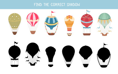 Wall Mural - Find the correct shadow. Childrens educational fun. Find right black silhouette for hot air balloons. Cartoon aircraft, vintage balloons and airship. Vector template for preschool games.