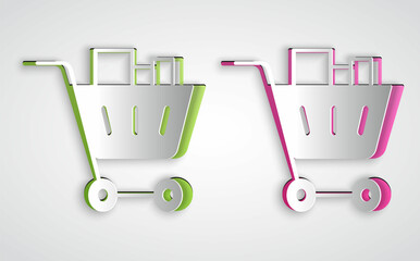 Poster - Paper cut Shopping cart and food icon isolated on grey background. Food store, supermarket. Paper art style. Vector