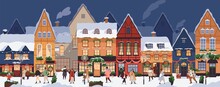 Christmas City Panorama With Happy People Walking On Street In Snow On Winter Holidays. European Old Town At Xmas Eve With Cozy Buildings. Cityscape With New Year Lifestyle. Flat Vector Illustration