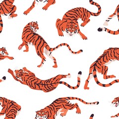 Seamless pattern with tigers white background. Repeating print with wild feline animals. Texture design with Chinese beasts. Endless printable wrapping. Colored flat vector illustration for decoration