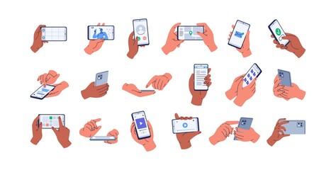 Hands holding mobile phones set. Fingers touching, tapping, scrolling smartphone screens, using applications. People handling with cellphones. Flat vector illustrations isolated on white background