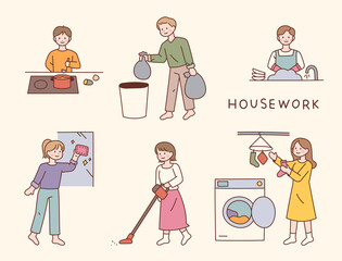 Poster - people doing housework. flat design style vector illustration.