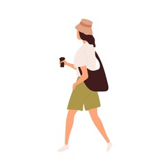 Wall Mural - Woman walking with takeaway coffee cup in hands. Young modern person going and holding take-away tea mug. Female in casual clothes strolling. Flat vector illustration isolated on white background