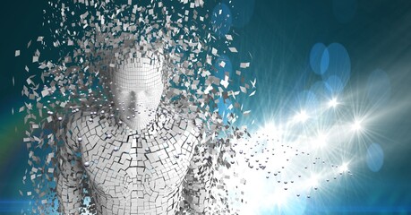 Three dimensional effect of white male cyborg avatar pixelated with illuminated background