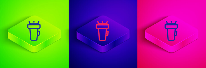 Sticker - Isometric line Flashlight icon isolated on green, blue and pink background. Square button. Vector