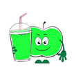 Apple juice and a cartoon green apple. Vector illustration on a white background.