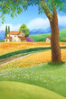 Rural summer landscape. The road to the field of sunflowers and houses against the backdrop of mountains. Digital illustration