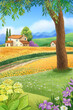 Rural summer landscape with a field of sunflowers and houses against the backdrop of mountains. Wildflowers. Digital illustration