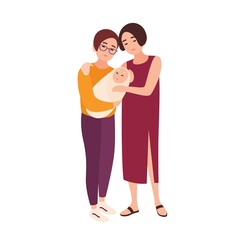 Poster - Pair of cute homosexual women standing together, holding newborn baby and smiling. Happy LGBT family with child. Flat cartoon characters isolated on white background. Colorful vector illustration.