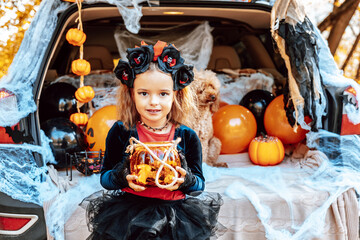 little girl in spooky costume and hat with bucket of sweets and cute poodle dog in ghost costume sits in trunk car decorated for Halloween with web, orange balloons and pumpkins, outdoor creative