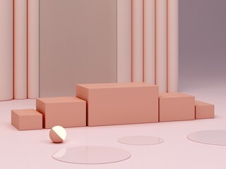 Wall Mural - Pink coral shapes on a coral abstract background. Minimal boxes and geometric podium. Scene with stairs and geometrical forms. Empty showcase for cosmetic product presentation. 3d render.