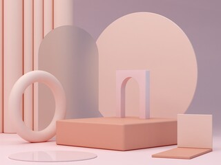Aufkleber - Pink coral shapes on a coral abstract background. Minimal boxes and geometric podium. Scene with stairs and geometrical forms. Empty showcase for cosmetic product presentation. 3d render.