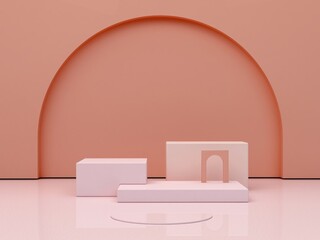 Aufkleber - Pink coral shapes on a coral abstract background. Minimal boxes and geometric podium. Scene with stairs and geometrical forms. Empty showcase for cosmetic product presentation. 3d render.