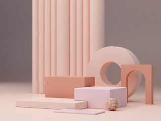 Aufkleber - Pink coral shapes on a coral abstract background. Minimal boxes and geometric podium. Scene with stairs and geometrical forms. Empty showcase for cosmetic product presentation. 3d render.
