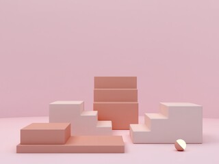 Aufkleber - Pink coral shapes on a coral abstract background. Minimal boxes and geometric podium. Scene with stairs and geometrical forms. Empty showcase for cosmetic product presentation. 3d render.