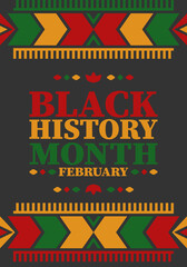 Black History Month in February. African American Culture and History. Celebrated annual in United States and Canada. In October in Great Britain. Vector poster, tradition ornament illustration