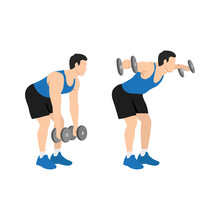 Man Doing Dumbbell Bent Over Lateral Rear Delt Raises. Flyes Exercise. Flat Vector Illustration Isolated On White Background