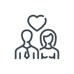 Poster - Love relationship line icon. Man and woman with heart above vector outline sign.