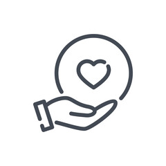Poster - Hand with heart line icon. Take care with love vector outline sign.