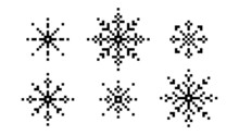 Pixel Snowflakes With Tracery. Decoration Of Black Ice Floes With Geometric Abstract Patterns. Symbol Of Christmas Holiday And 8bit Vector Game
