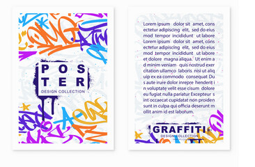 Wall Mural - multicolored graffiti poster  background with marker letters, bright colored banner lettering tags in the style of graffiti street art. Vector illustration template set